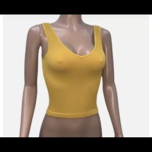 Mustard Yellow Ribbed Crop Seamless Tubular casual Stretchy Nylon Top Os New
